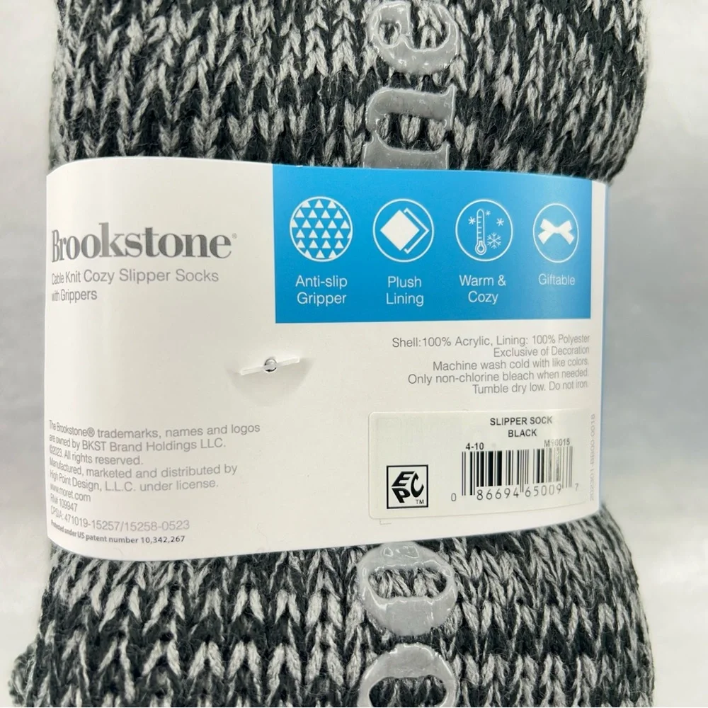 Brookstone Black & Gray Cable Knit Slipper Socks with Grippers Size OS 4-10
